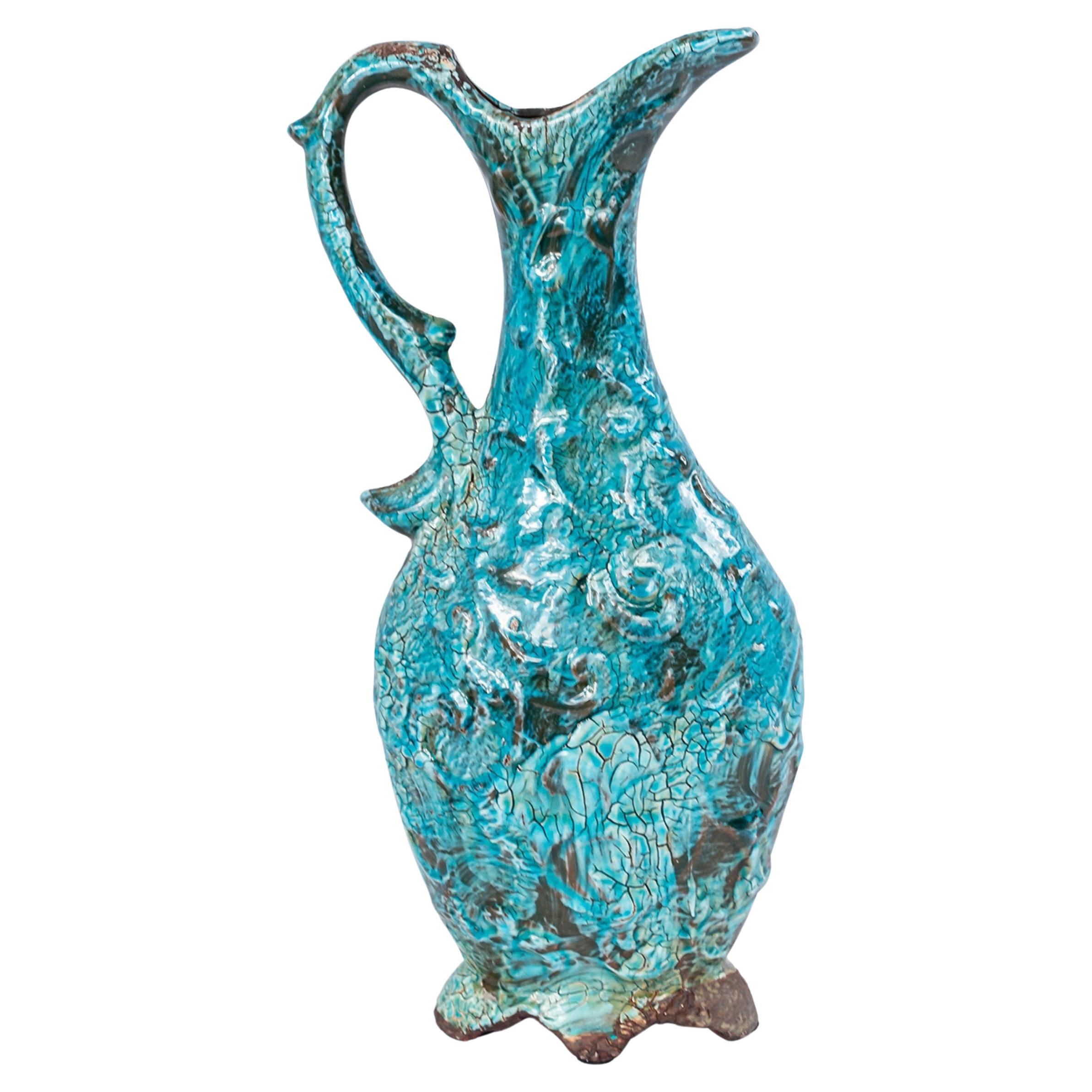 Modern Blue Ceramic Pitcher, 20th Century Design, United States