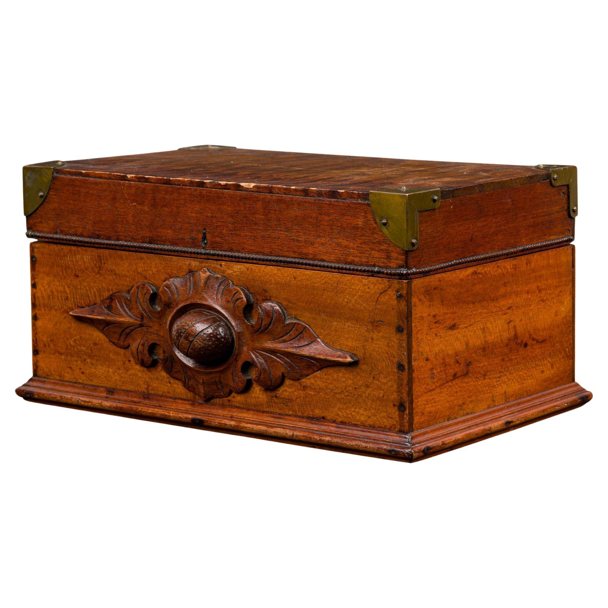 19th Century American Victorian Carved Wooden Box with Brass Corners