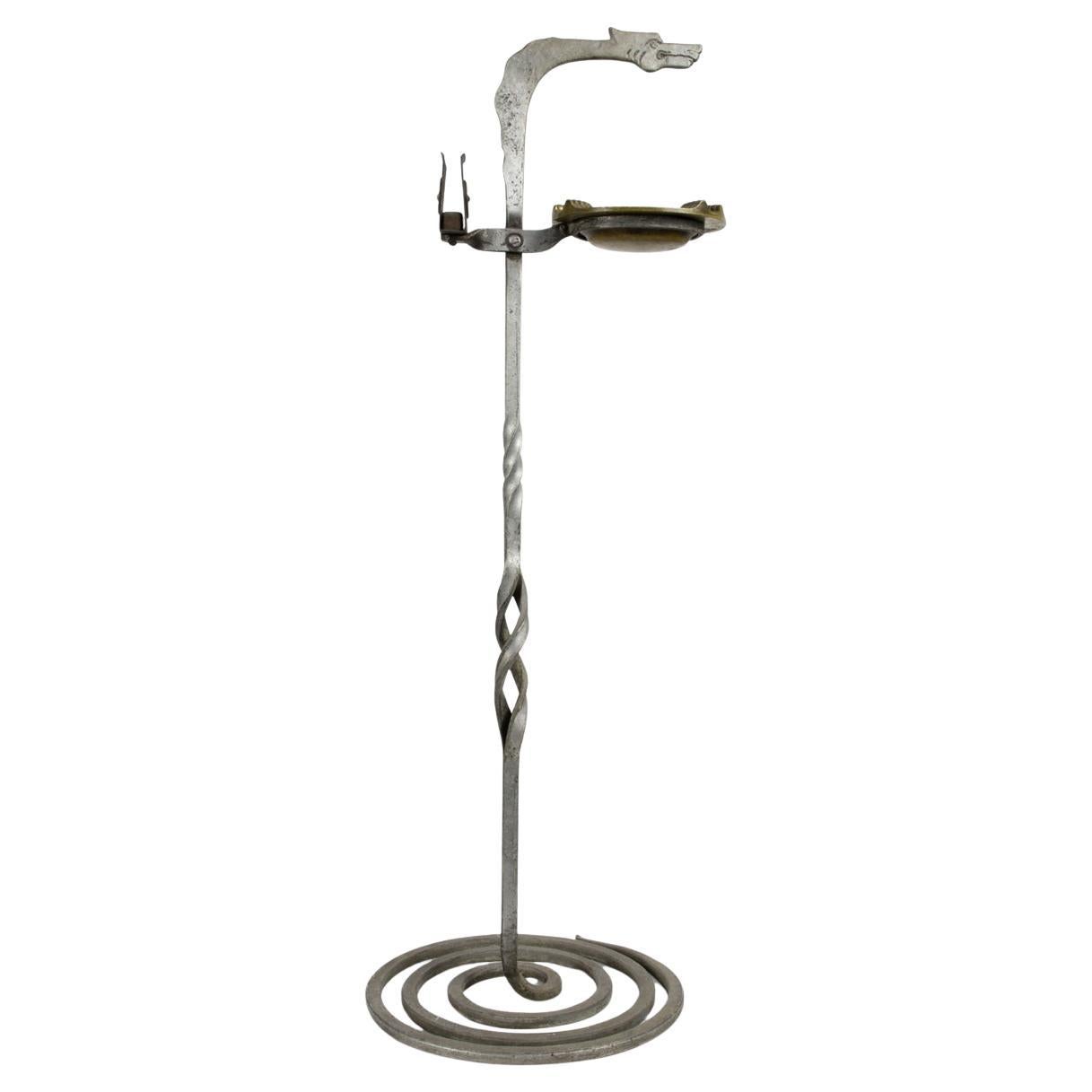 Art Deco Gothic Wrought Iron Snake Smoking Stand, Brass Ashtray, USA For Sale