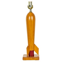American Mid-Century Polished Maple Rocket Table Lamp, Brass Base, USA