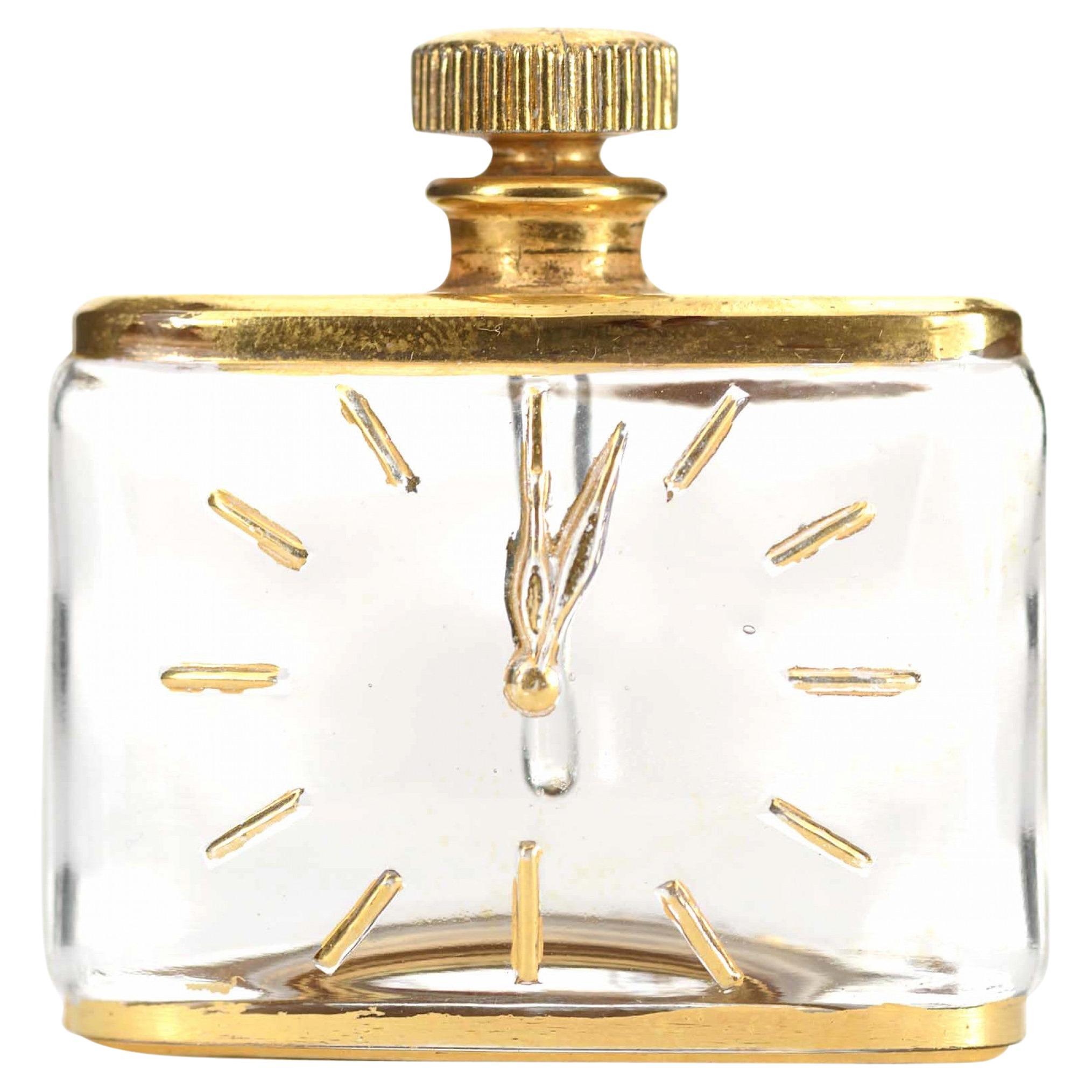 Mid-Century Modern Glass Perfume Bottle with Gilded Clock Face, USA For Sale