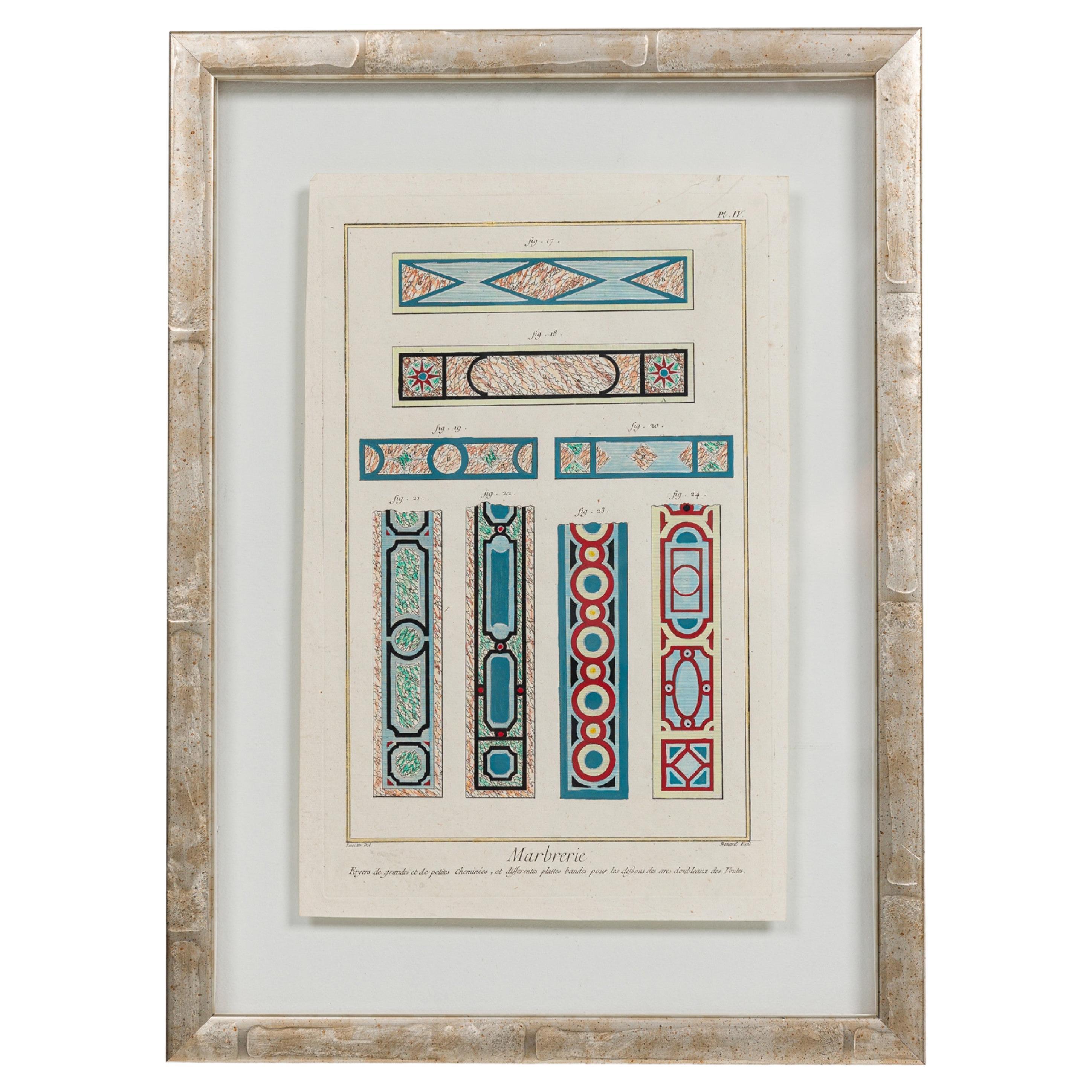 Framed French Baroque Style Painted Print Plate IV, 20th Century For Sale