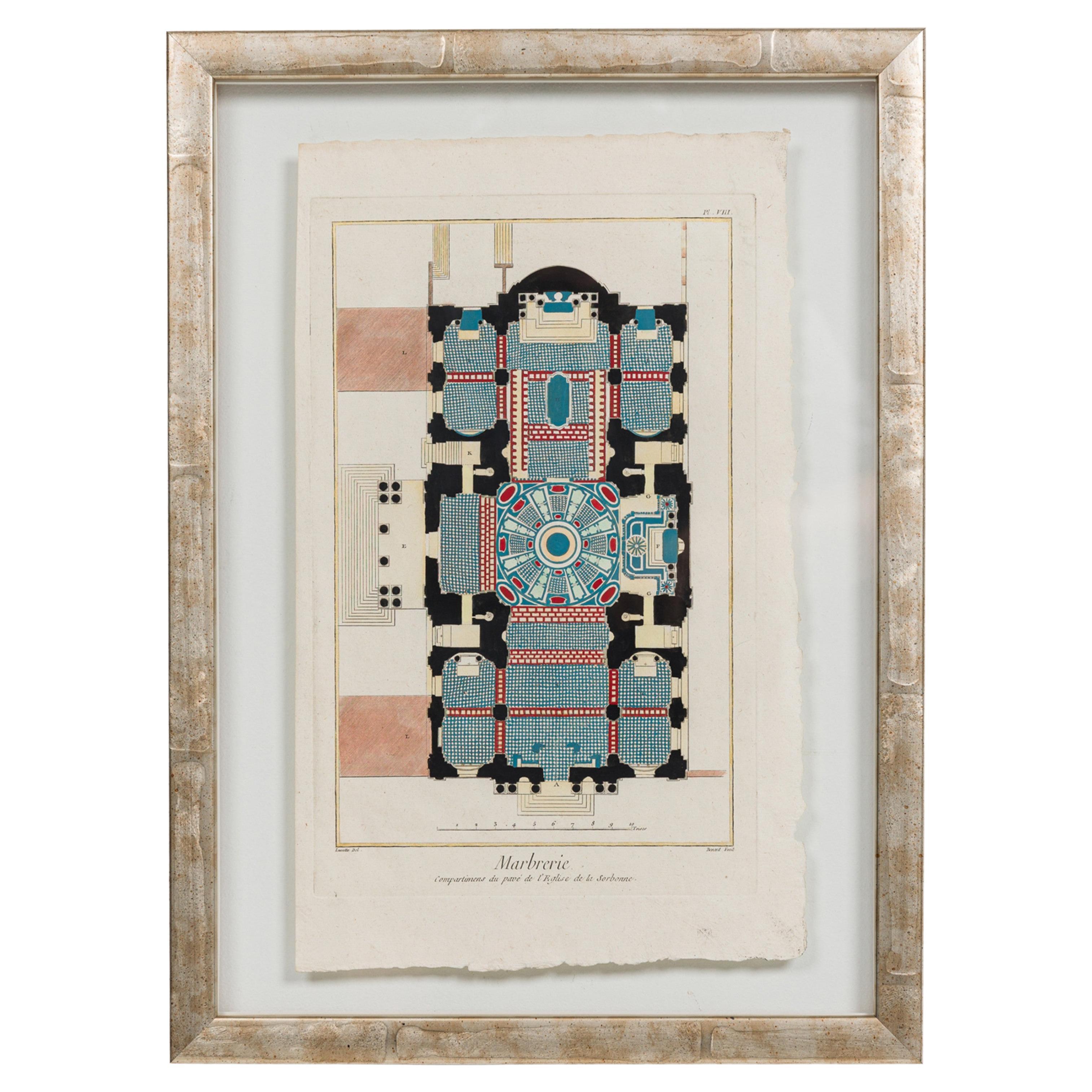 French Baroque Style Print of Marble Pavings, Hand Painted, 20x15 in