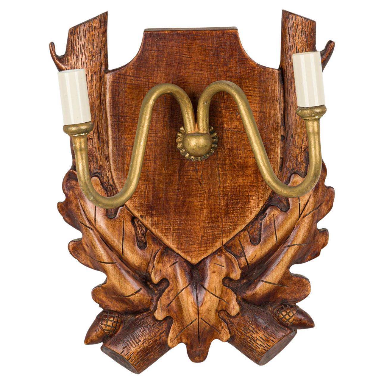 19th Century Rustic Black Forest Wall Sconce in Carved Oak and Brass