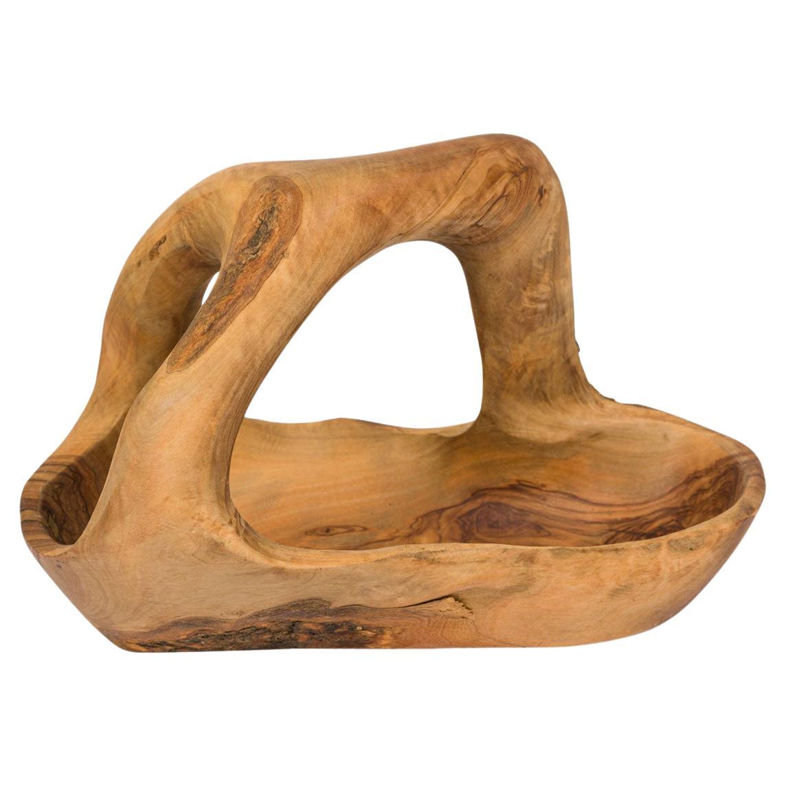 Rustic Modern Olive Wood Basket, Carved Design, USA, 20th Century For Sale