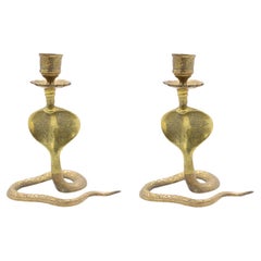 Paire de bougeoirs antiques asiatiques du XIXe siècle, en bronze siamois, représentant des cobras