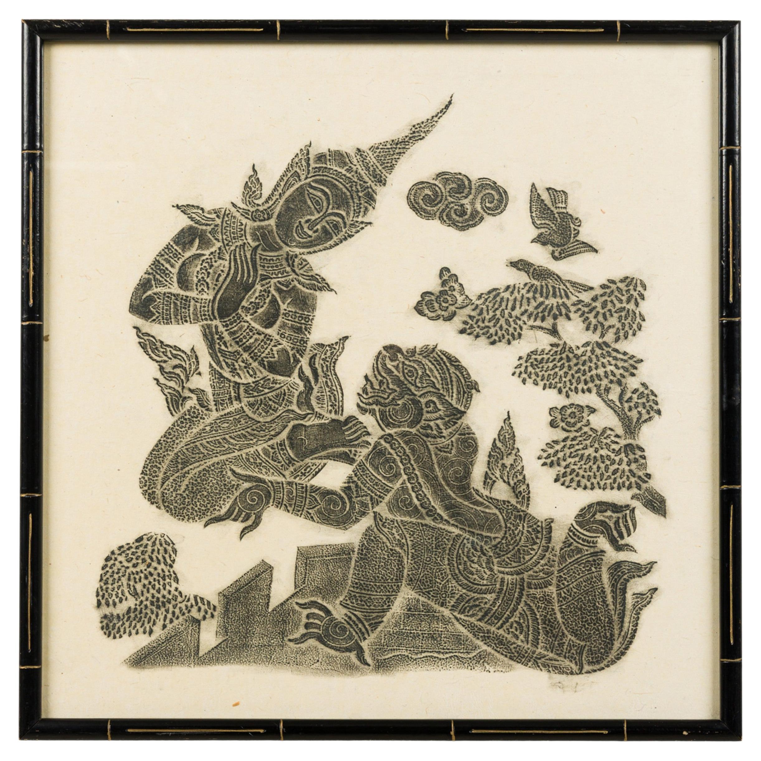 Thai Charcoal Rubbing Painting of Buddha, Gilt Frame, 20th Century For Sale