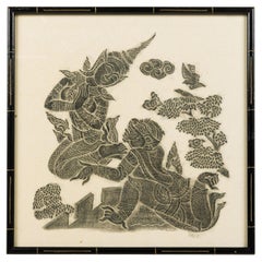 Thai Charcoal Rubbing Painting of Buddha, Gilt Frame, 20th Century
