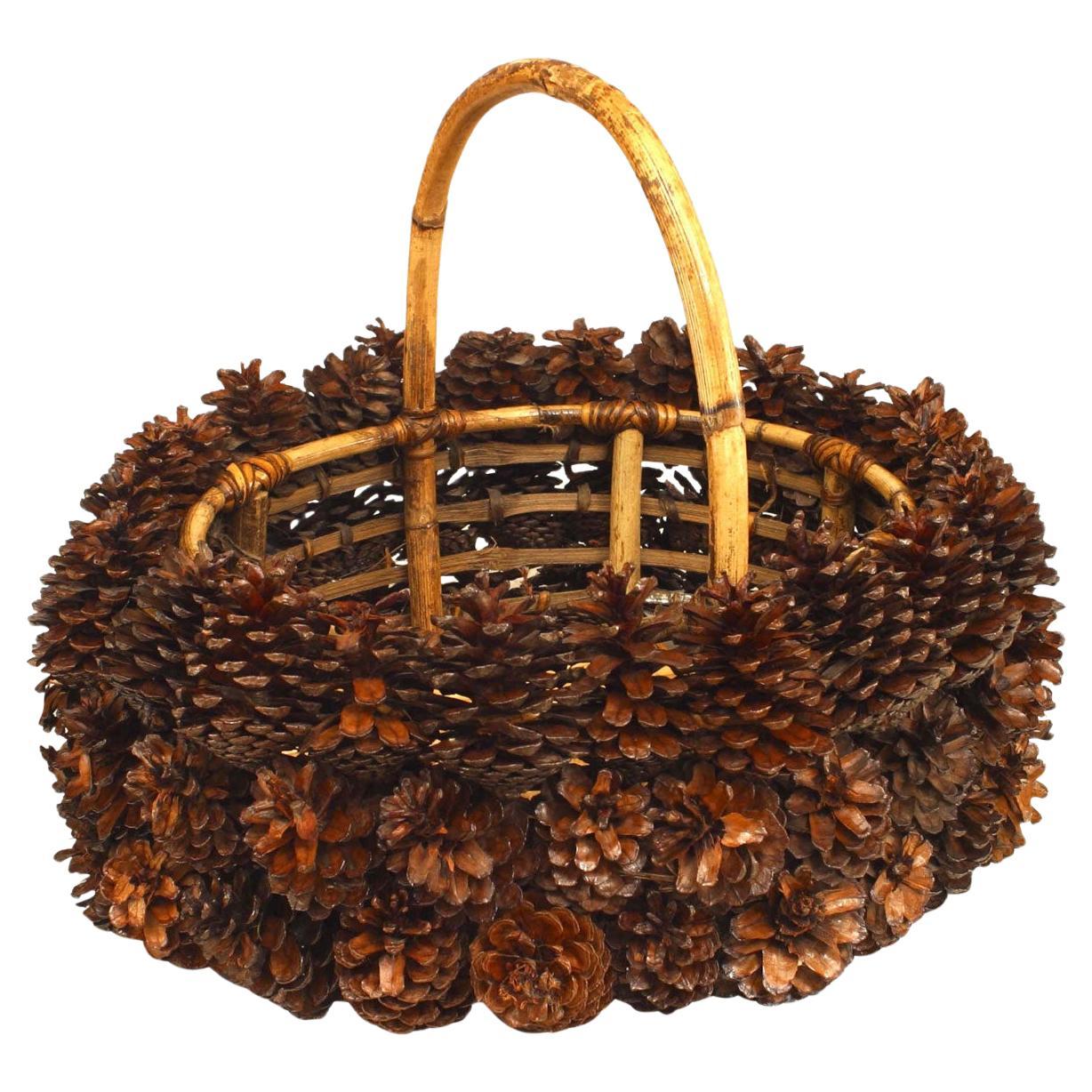 Rustic Adirondack Basket, Bamboo with Pine Cone Design, USA, 1940s For Sale