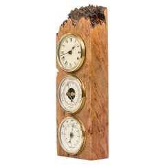 Charles Elkan Rustic Burl Wood Three Dial Clock with Brass Trim