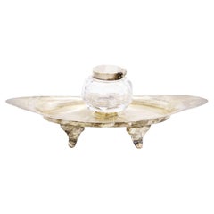 19th Century English Georgian Silver Plate Inkwell with Crystal Well