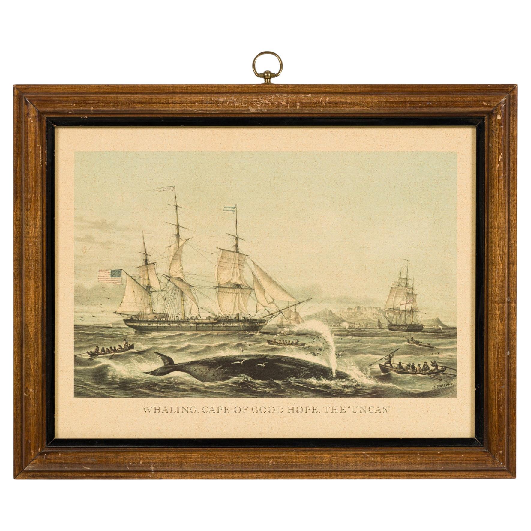 Victorian Lithograph of Whaling Scene, Oak Frame, 19th Century