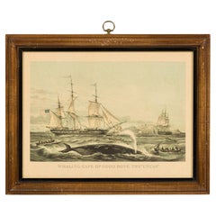 Victorian Lithograph of Whaling Scene, Oak Frame, 19th Century