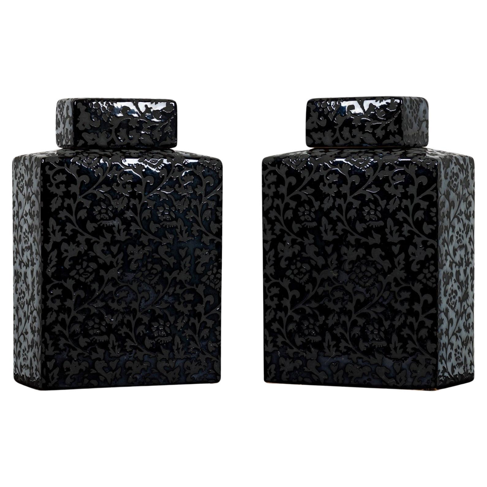 Pair of Asian Contemporary Ceramic Lidded Jars, Black and Grey For Sale