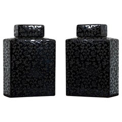 Pair of Asian Contemporary Ceramic Lidded Jars, Black and Grey