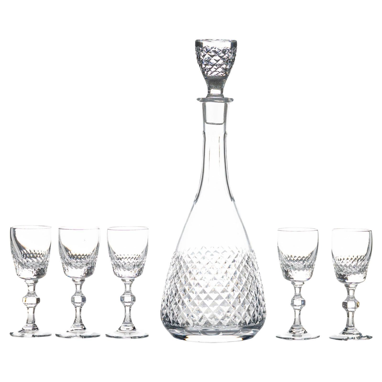 Vintage Czech Cut Crystal Decanter Set with 5 Cordial Glasses