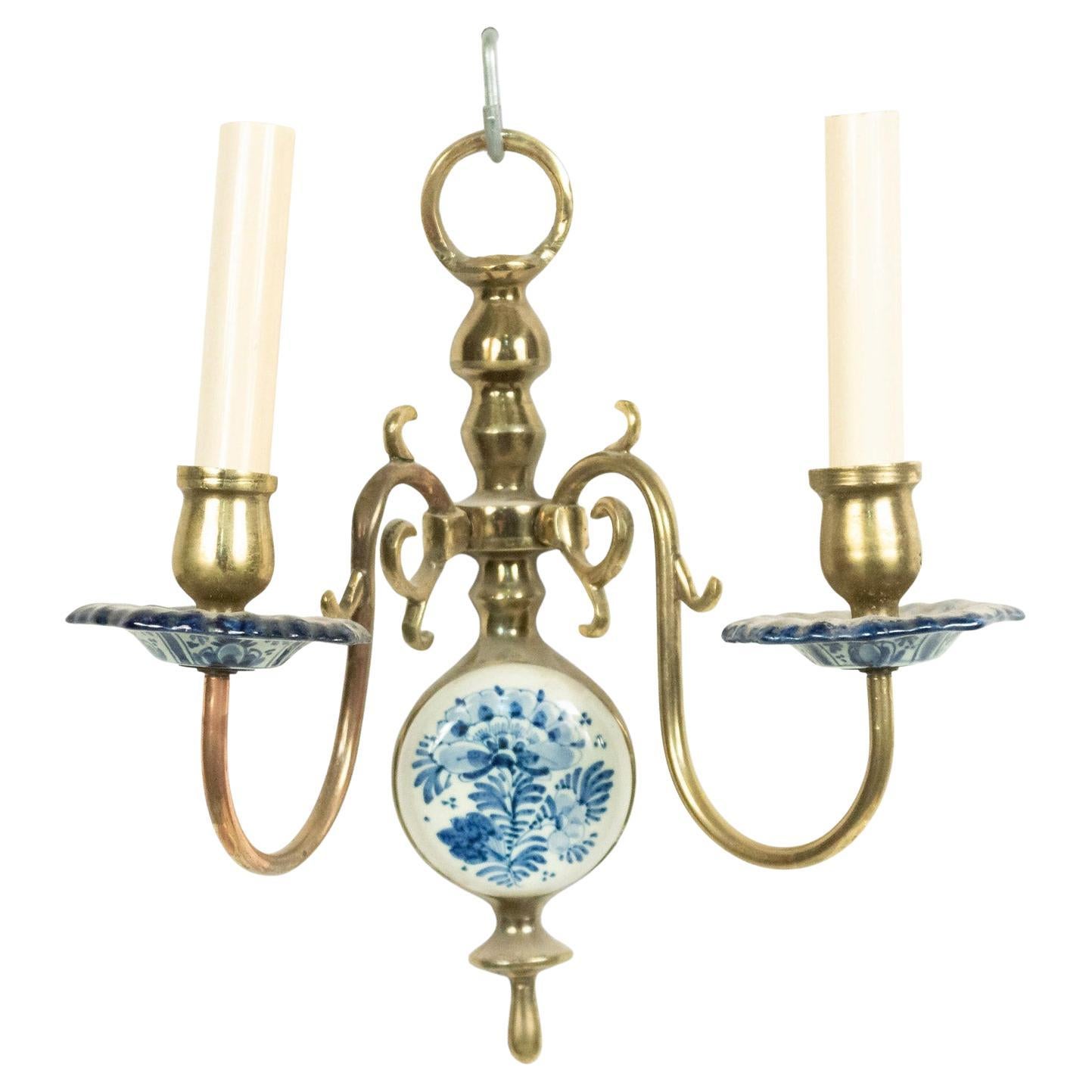 Dutch Delft Blue Porcelain Brass Wall Sconce, Biedermeier Style