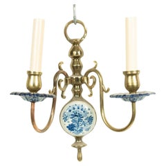 Dutch Delft Blue Porcelain Brass Wall Sconce, Biedermeier Style