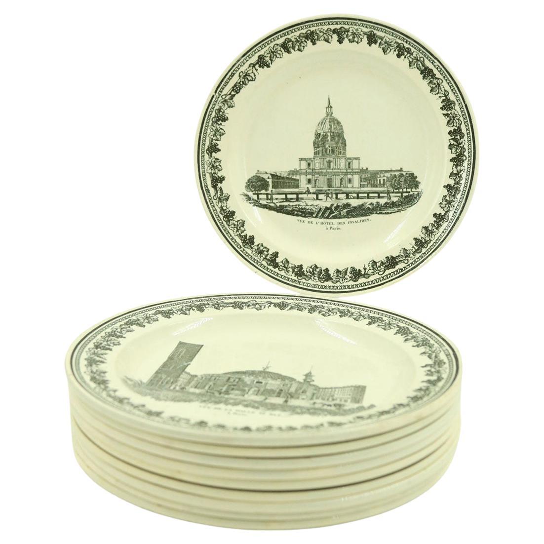 Set of Ten Victorian Creamware Plates, Black and White, 19th Century For Sale