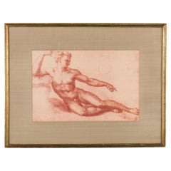 Roman Neo-Classic Print of Recumbent Male Nude, 19th Century, Framed