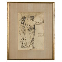 Gravure néoclassique italienne représentant deux nus masculins, XIXe siècle, encadrée
