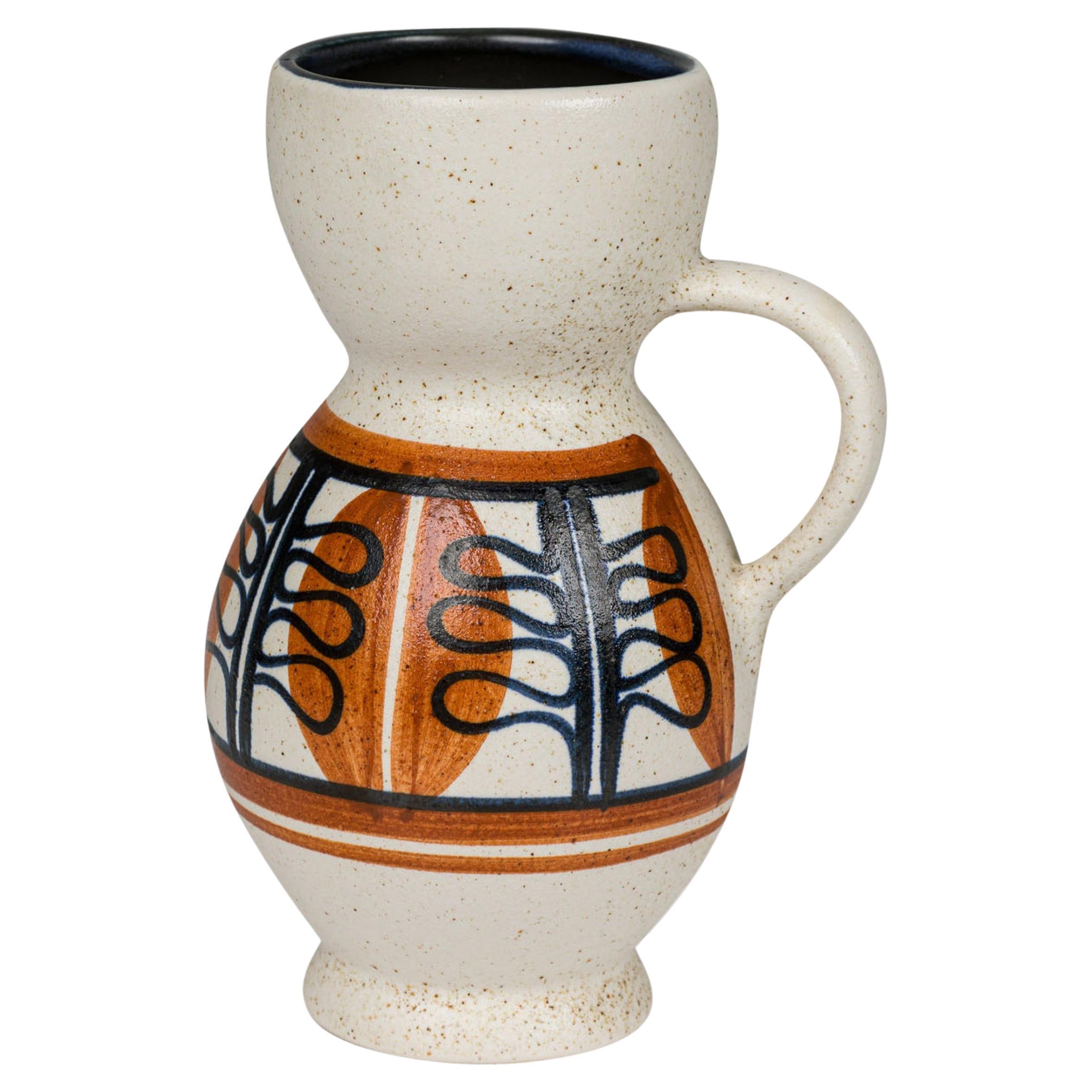 Mid-Century Israeli Lapid Glazed Pitcher with Hand-Painted Leaf Motif For Sale