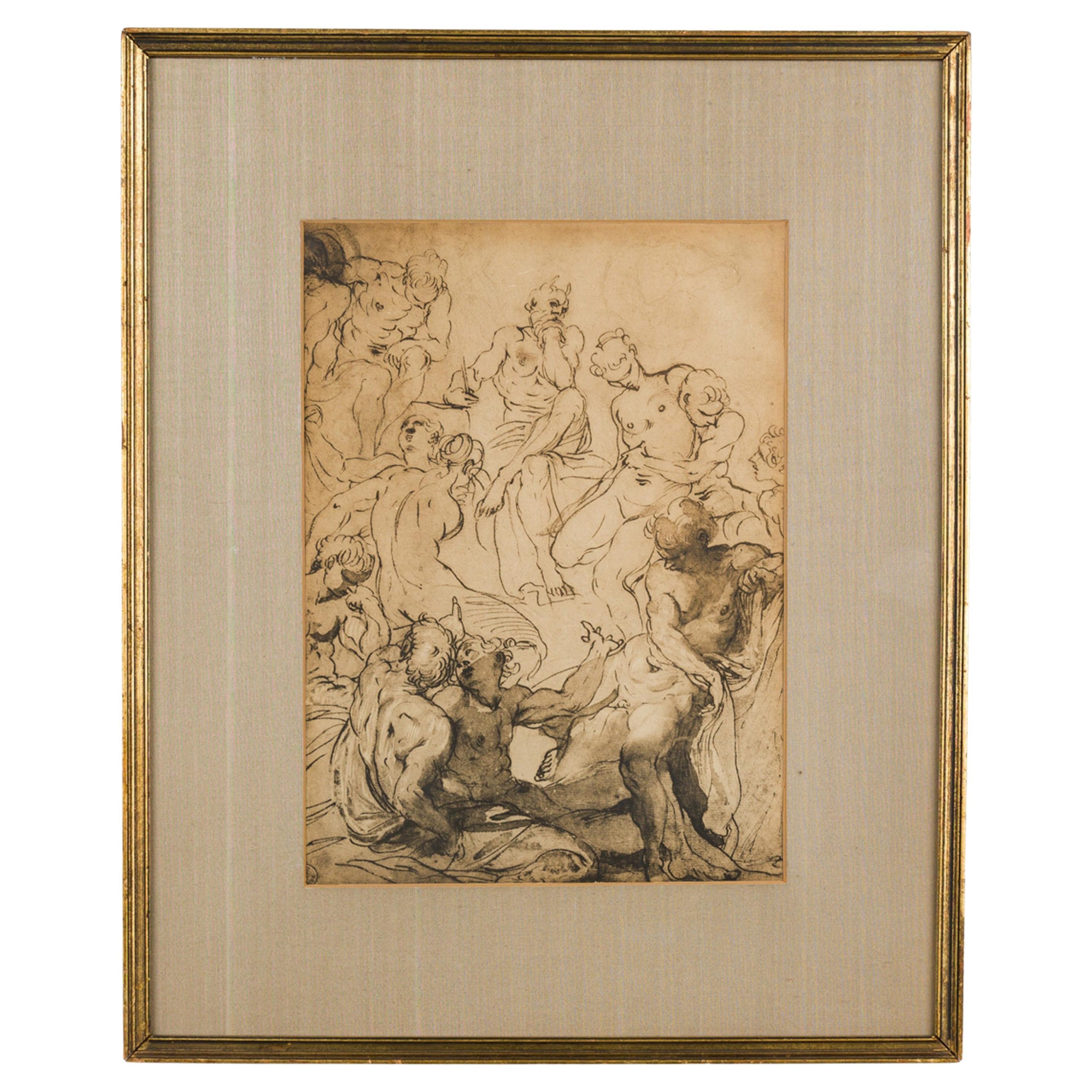 Italian Neo-Classic Bacchanalia Print, Horn, Framed, 19th Century