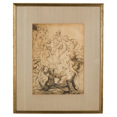 Italian Neo-Classic Bacchanalia Print, Horn, Framed, 19th Century