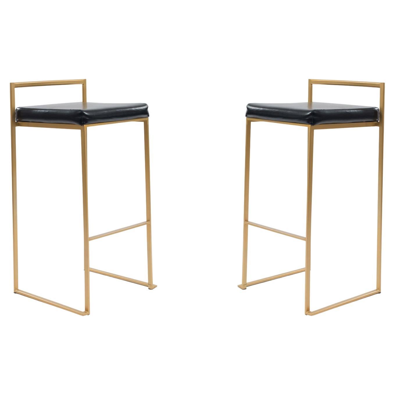 Modern Black Leather Bar Stools with Gilt Metal Frames, Made in USA For Sale