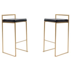 Modern Black Leather Bar Stools with Gilt Metal Frames, Made in USA