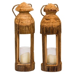 Antique Rustic Carved Wooden Lanterns, 19th Century Pair, USA