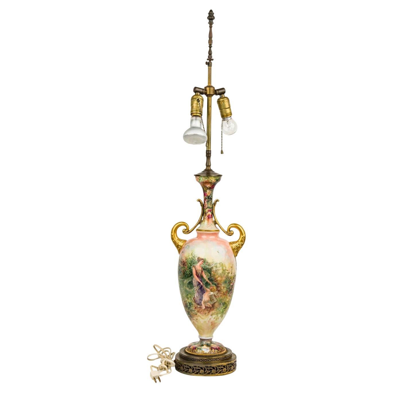 19th Century English Victorian Table Lamp, Beige Ceramic Urn & Brass For Sale