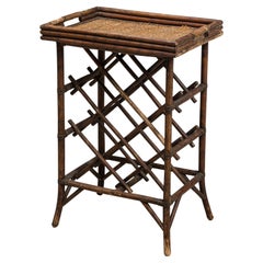 Bamboo Mid-Century Side Table, Rattan Tray Top, Lattice Base, Vintage