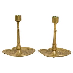Austrian Art Nouveau Bronze Lily Candlesticks, Late 19th Century Pair