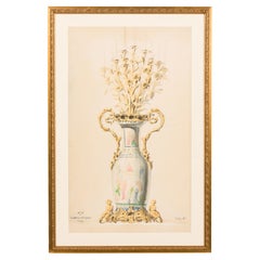 19th Century French Victorian Print of Blue and Gold Vase, Signed