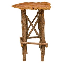 Rustic Adirondack Side Table, Petrified Wood Top, Branch X-Base, USA