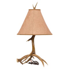 Rustic Table Lamp with Faux Antlers and Suede Shade, 19th Century
