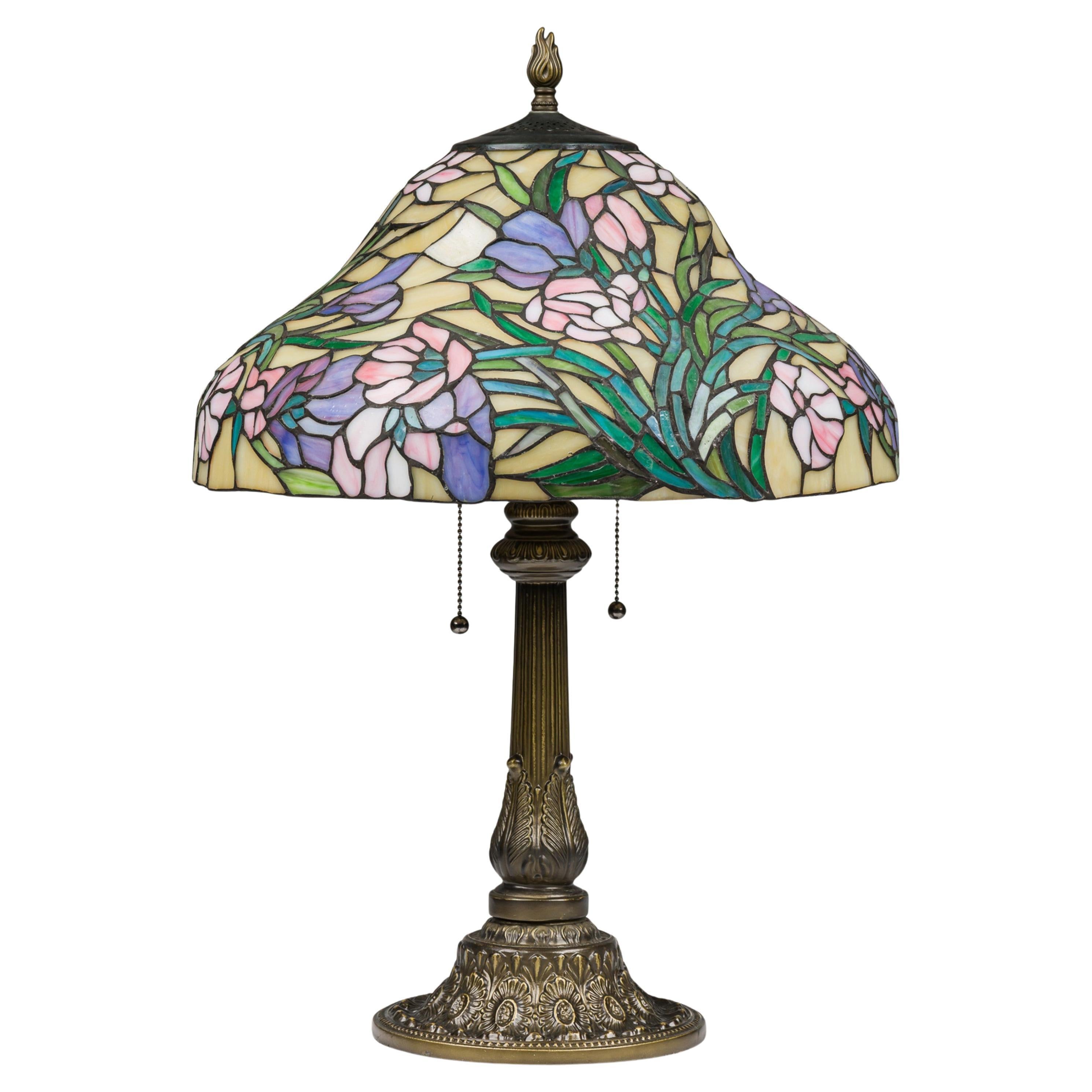 19th Century American Art Nouveau Floral Stained Glass Table Lamp