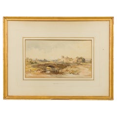 19th Century Victorian Watercolor of Bridge and River, Framed