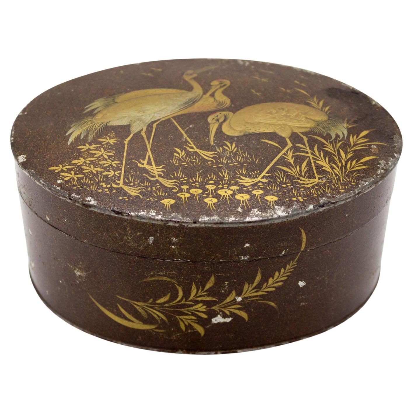 19th Century English Lacquered Tole Box with Heron Motif For Sale