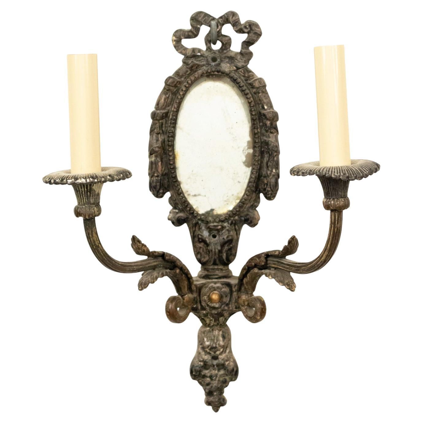 19th Century French Louis XVI Silver Plate Wall Sconce with Mirror For Sale