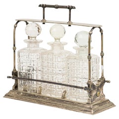English Victorian Tantalus Set, Cut Glass Decanters, Metal Case, UK