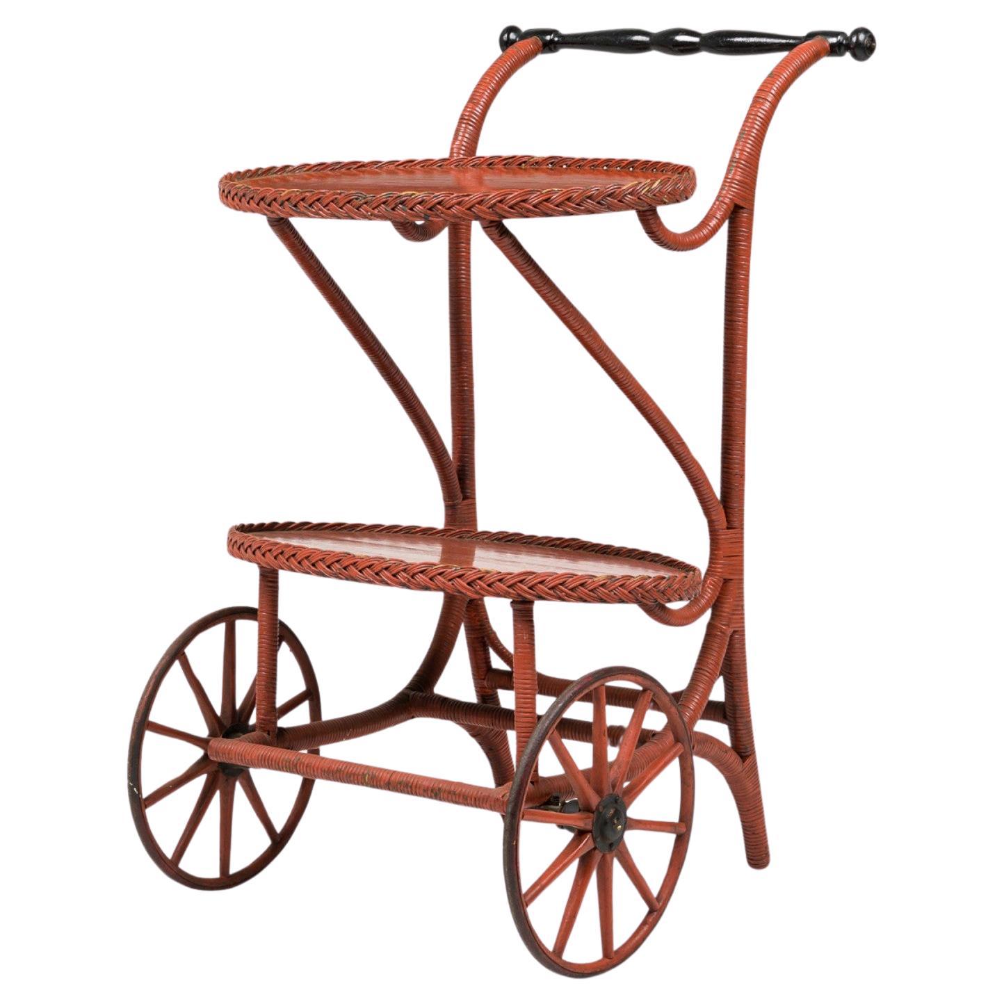 19th Century Victorian Wicker Tea/Bar Cart, Rouge Painted, Two-Tier For Sale