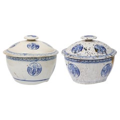 Chinese Blue and White Porcelain Covered Bowls, Bird Medallions, Pair