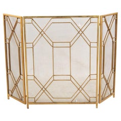 Mid-Century Modern Brass Tri-Fold Fire Screen with Geometric Design