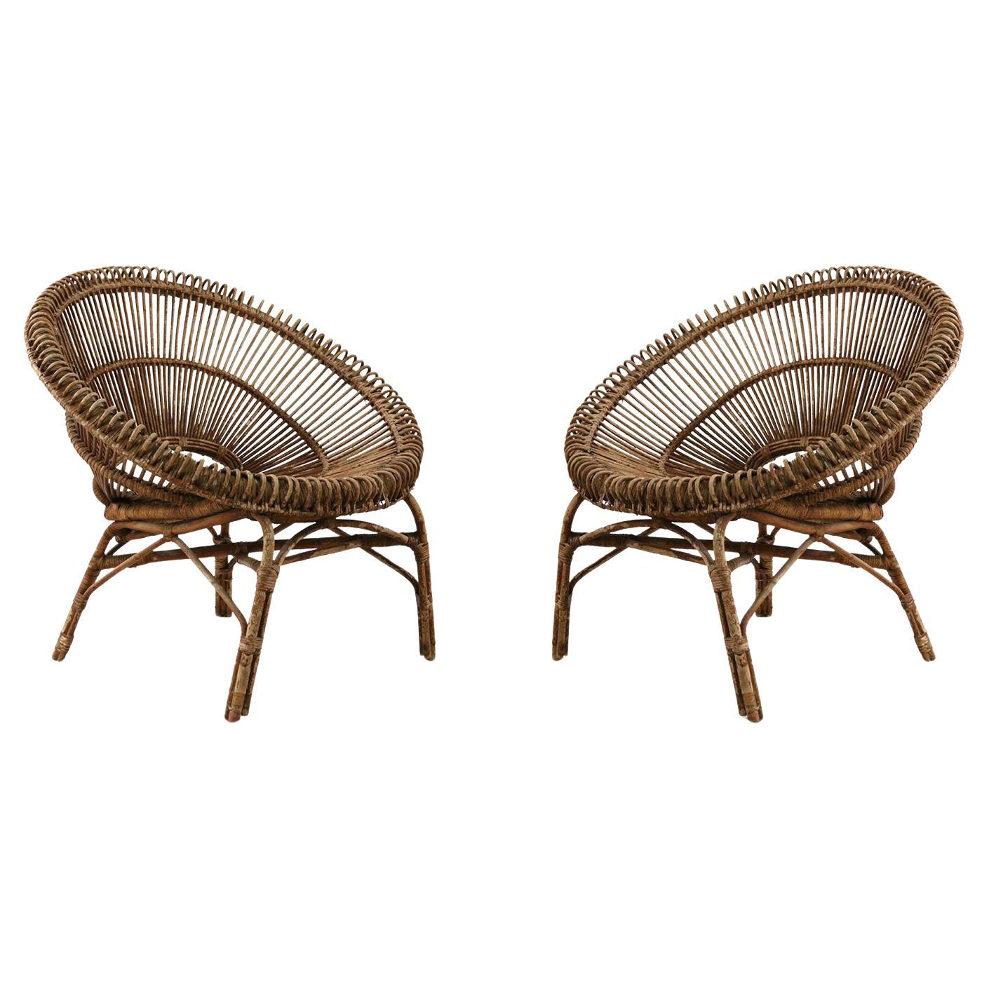 Chaises rondes françaises en bambou et rotin du milieu du siècle, paire vintage, années 1950