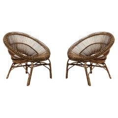 Mid-Century French Round Bamboo and Rattan Chairs, Vintage Pair, 1950s