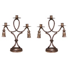 Pair of Mid-Century Modern Gilt Metal Candelabras with Rope Design