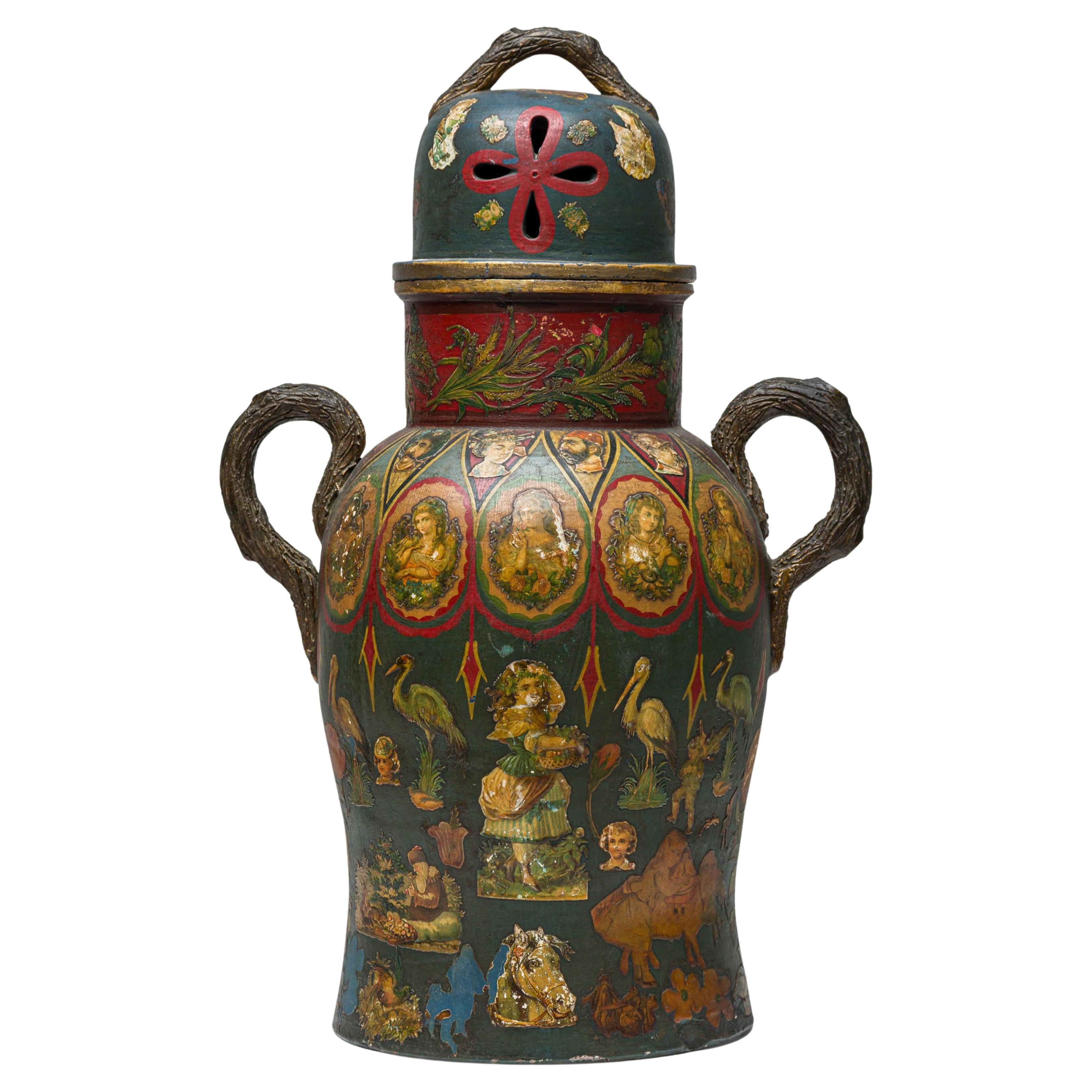 19th Century English Victorian Dark Green Painted Earthenware Urn For Sale