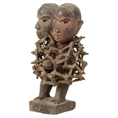 African D.R. Congo Carved Wood Nkisi 2-Headed Nail Fetish Figure